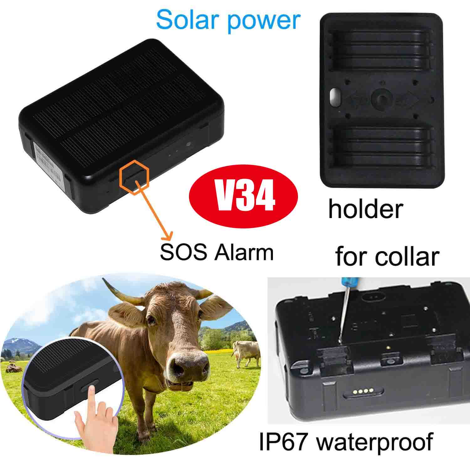 Quality 2G Solar Power GPS Tracking Device for Animals/Cattle with Real Time Google Map Location V34