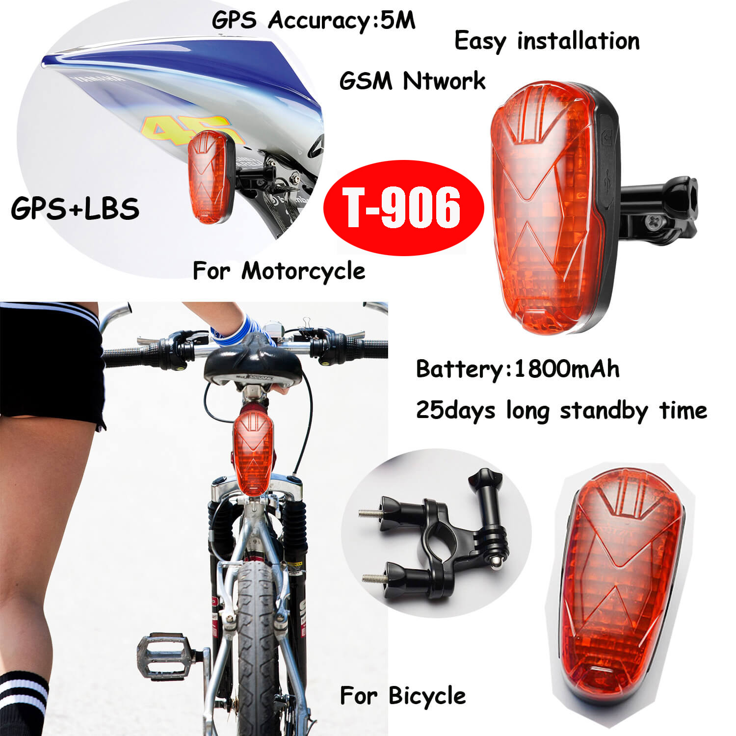 Factory Supply Cheap Anti Theft GSM Motorcycle Bike GPS Tracking Tracker with Long Working Hours Free App Platform T906