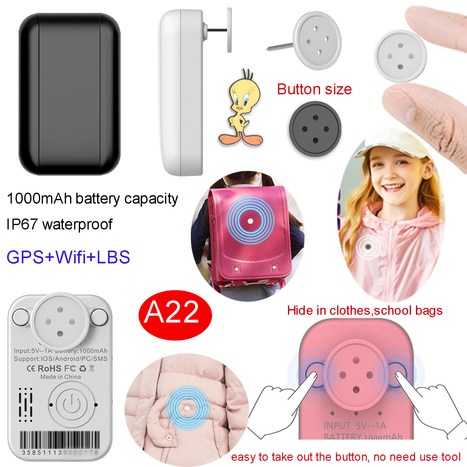 IP67 Waterproof GSM Child Mini Hidden GPS Tracker with Sos Button 