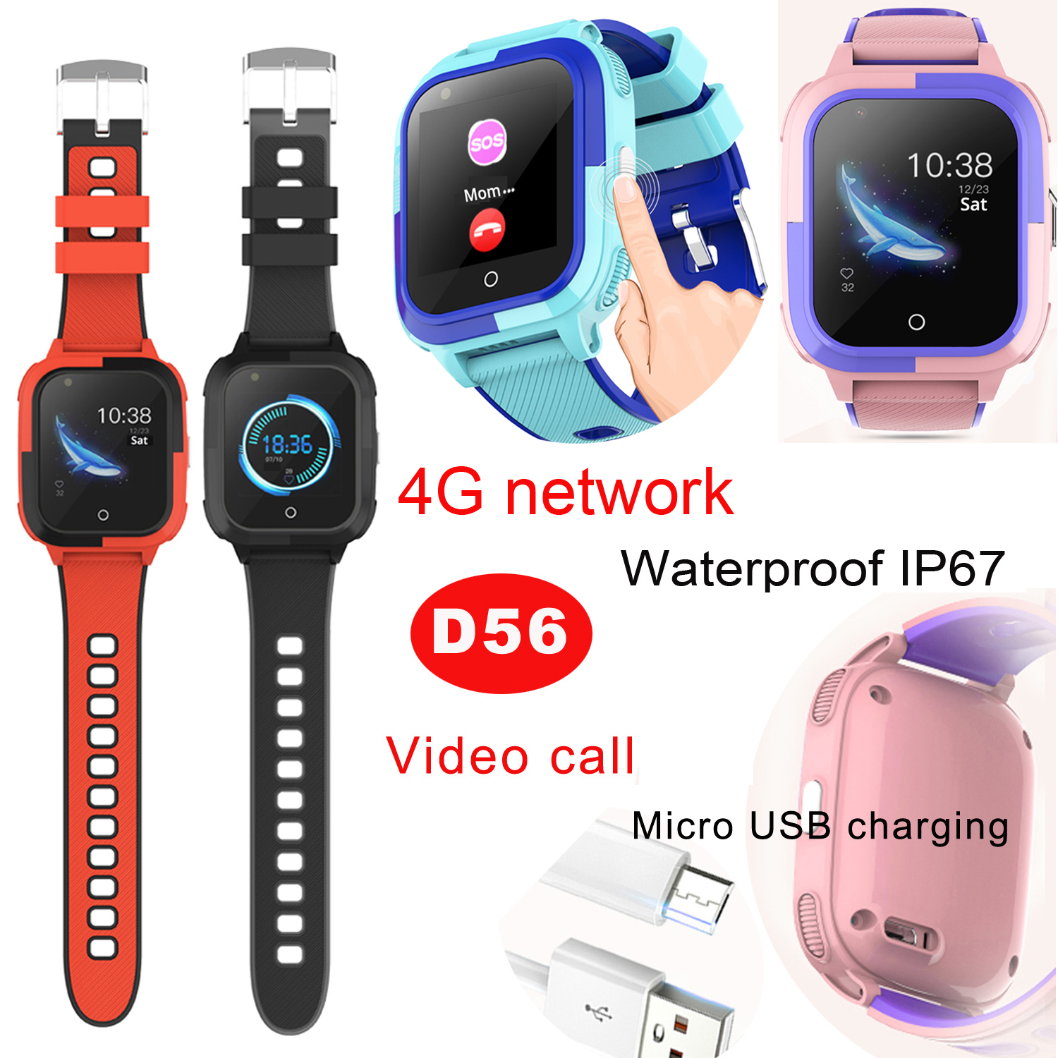 China manufacturer 4G Kids security IP67 Waterproof New arrival Children GPS Tracker watch with Video call D56