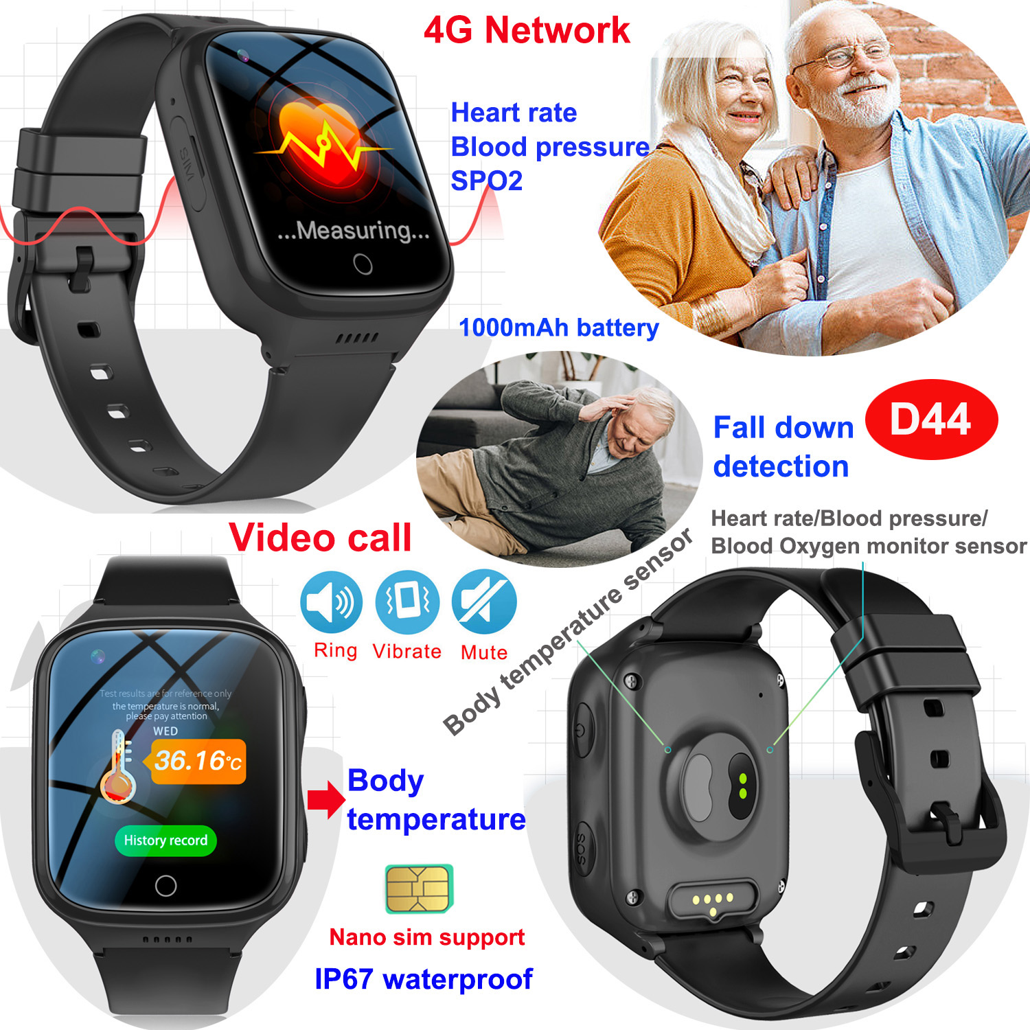 Latest 4G network Video call IP67 water resistance senior healthcare Wearable GPS Tracker with accurate positioning heart rate body temperature D44