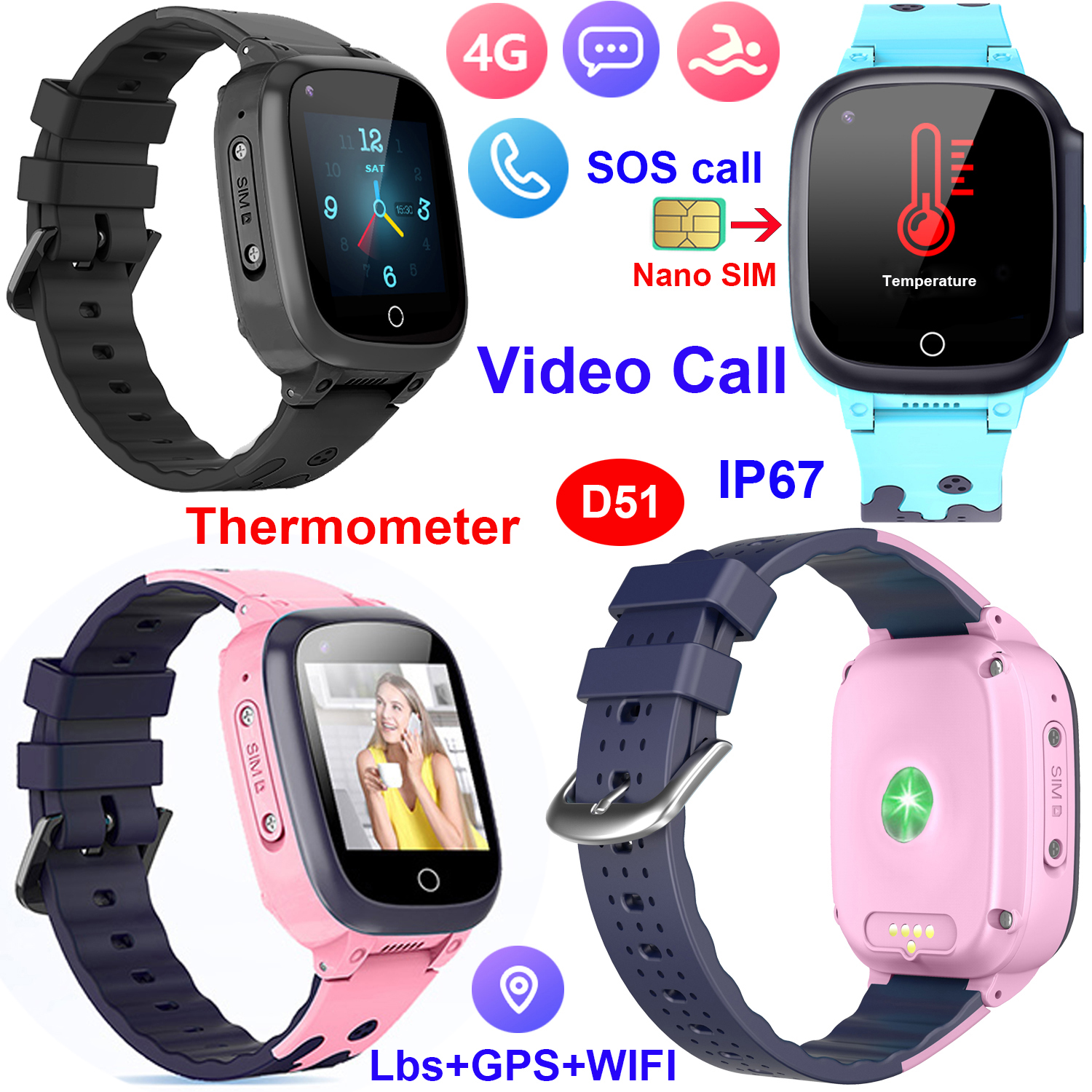 China Factory Supply 4G Body Temperature Watch Geo-fence Smart Kids GPS Tracker with IP67 Waterproof Thermometer D51