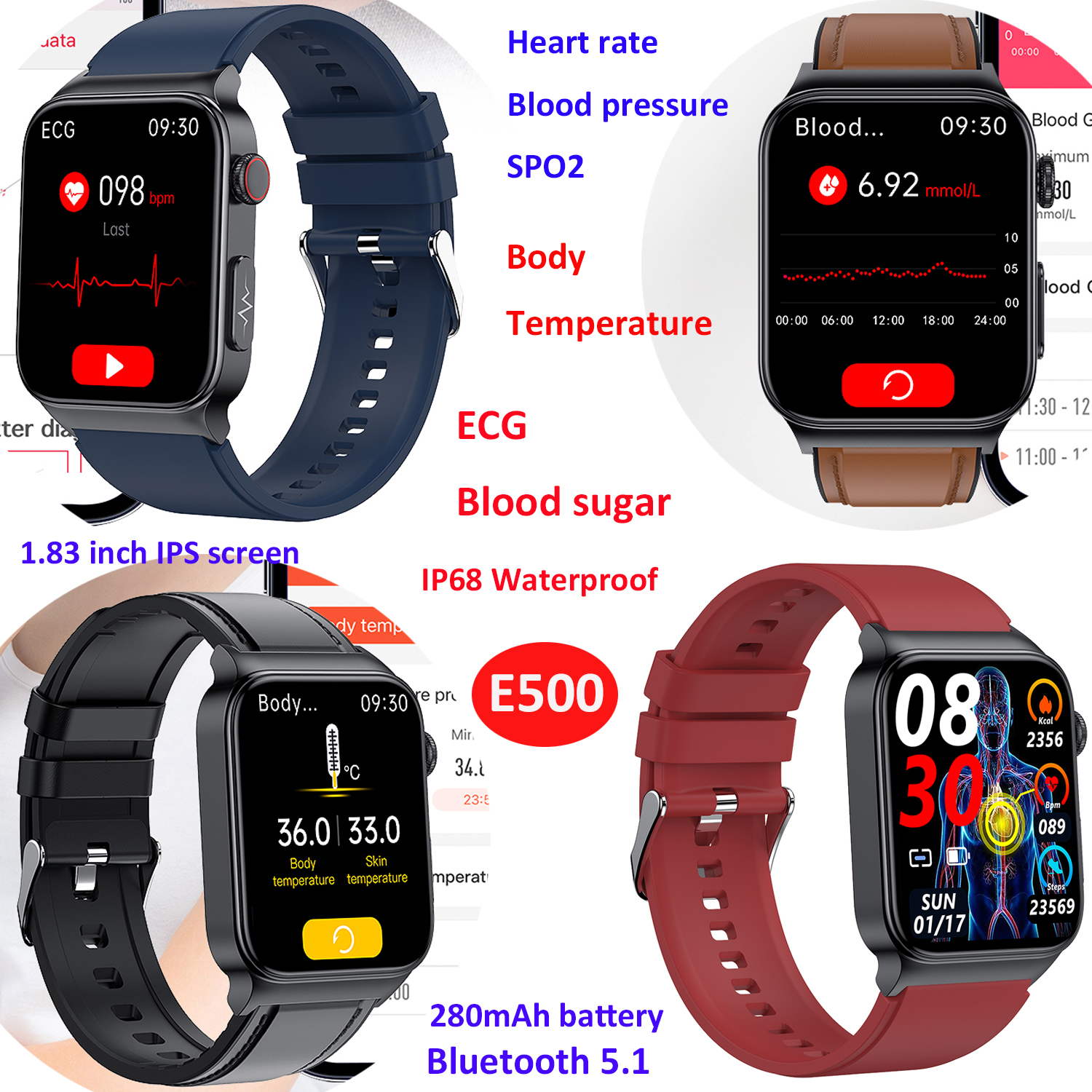 Body temperature Blood sugar waterproof ECG Smart bluetooth Watch E500