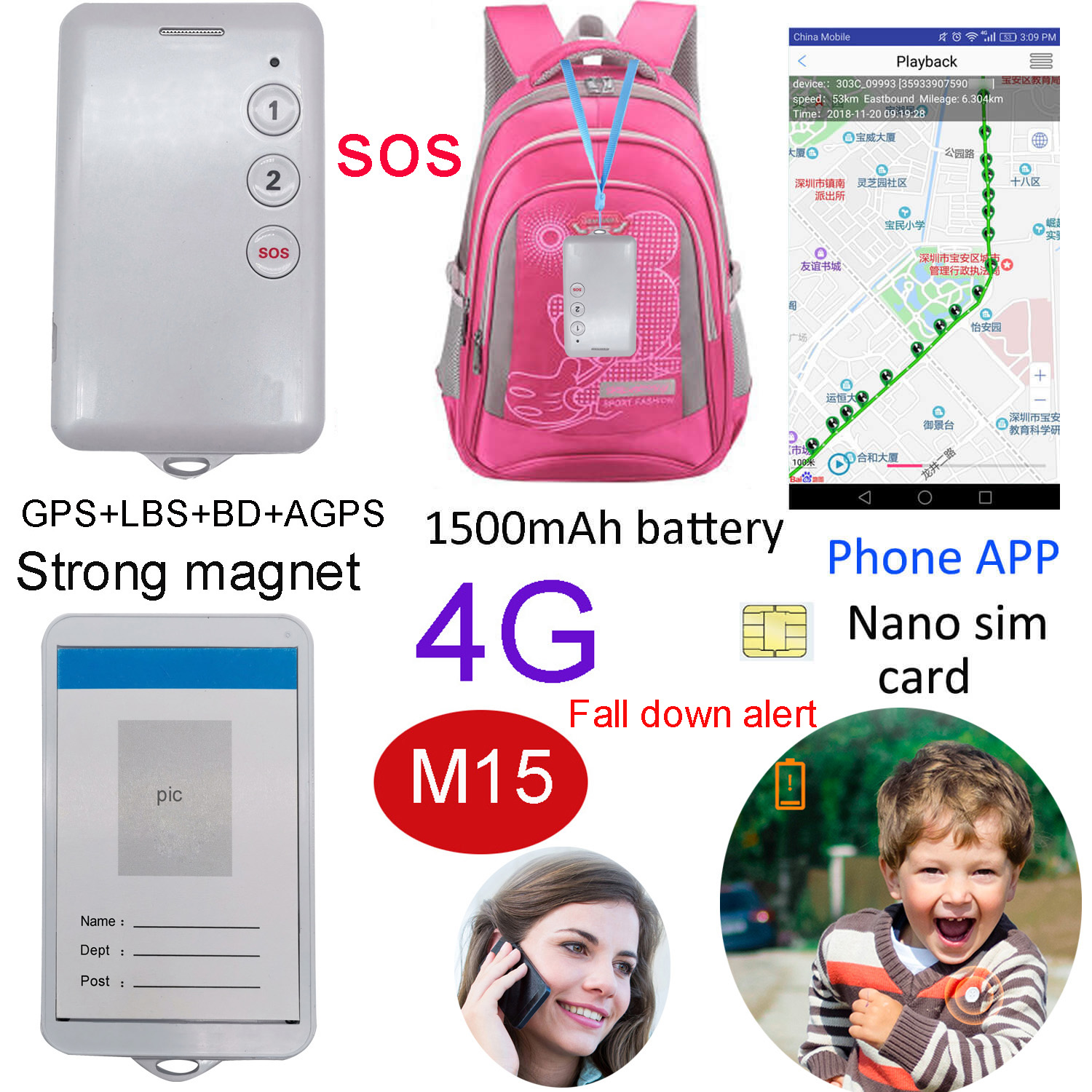 4G/LTE Network Student ID Card GPS Tracke with Fall down alarm Alert M15