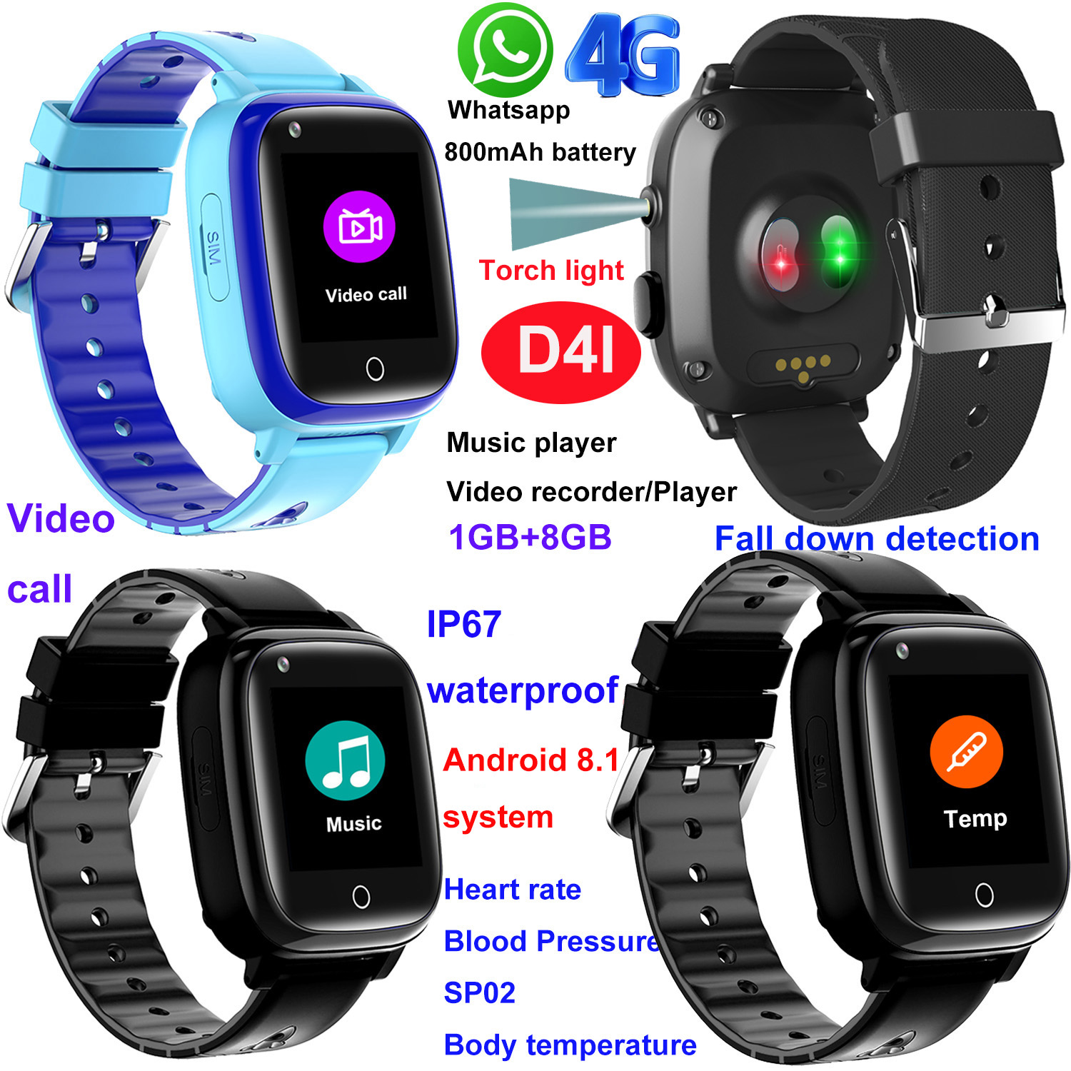 LTE Video call IP67 Waterproof Thermometer Smart Watch GPS Tracker D4l 