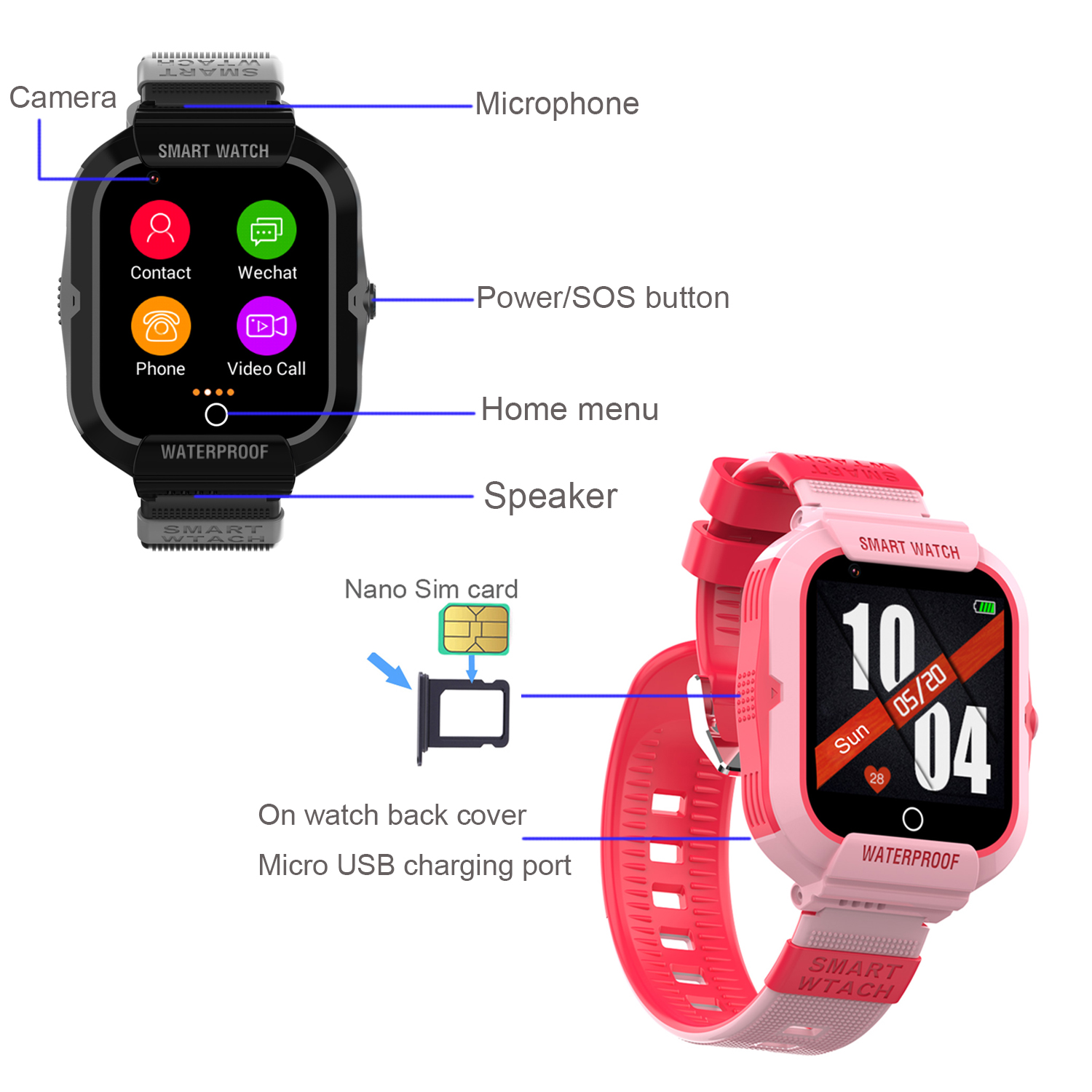 Quality 4G Waterproof Students GPS Tracker Watch with HD Camera 