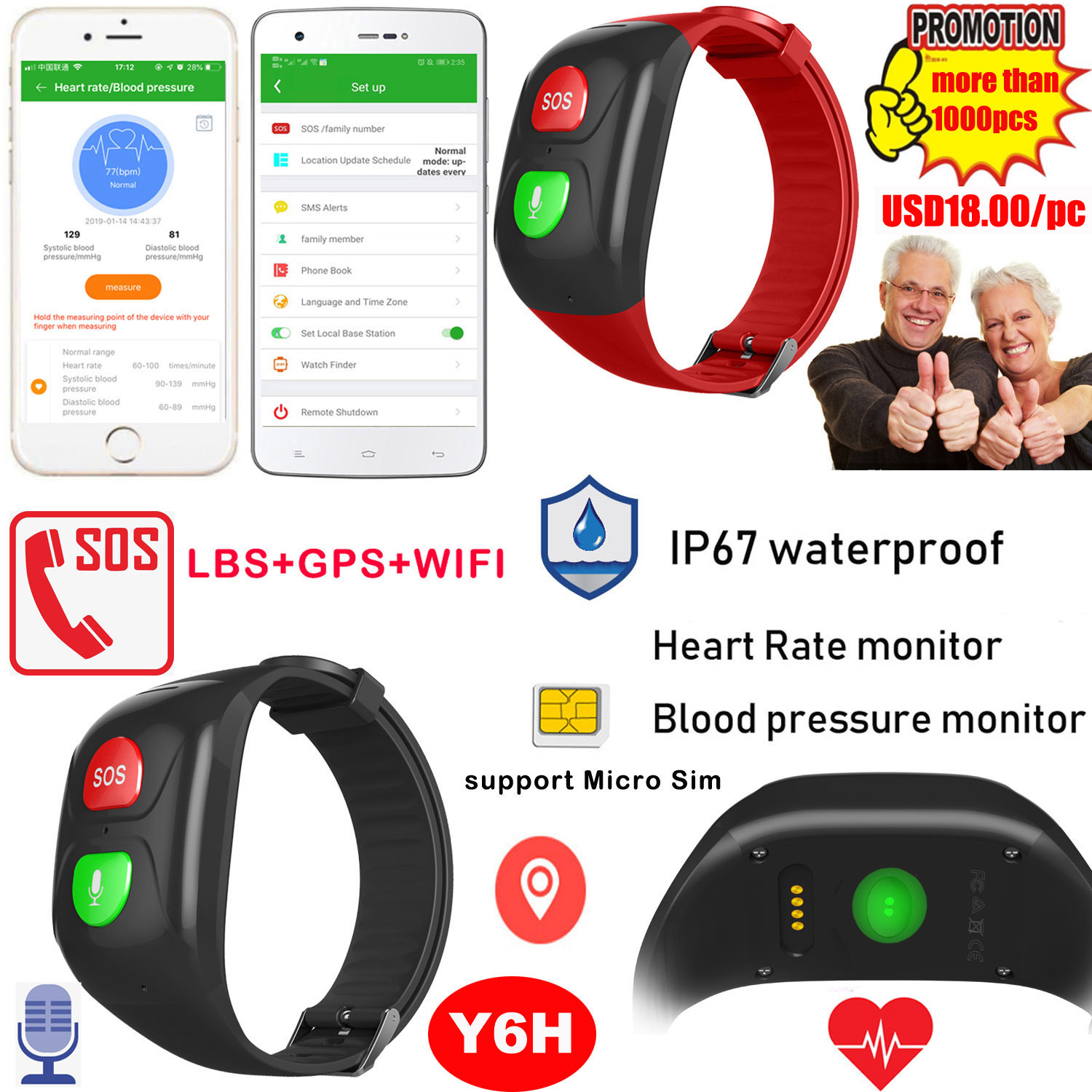 Elderly GPS Wristband Tracking with Heart Rate Monitor Y6h