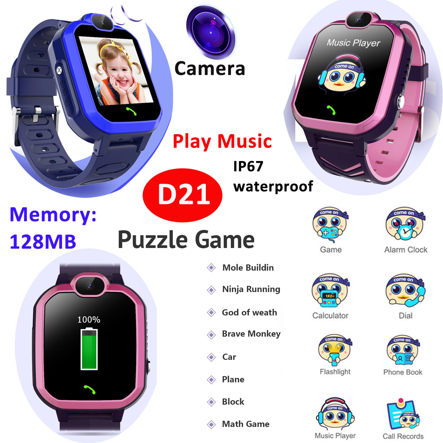 2022 Children Baby Kids Game Smart Watch With 8 Games Camera Music Player D21