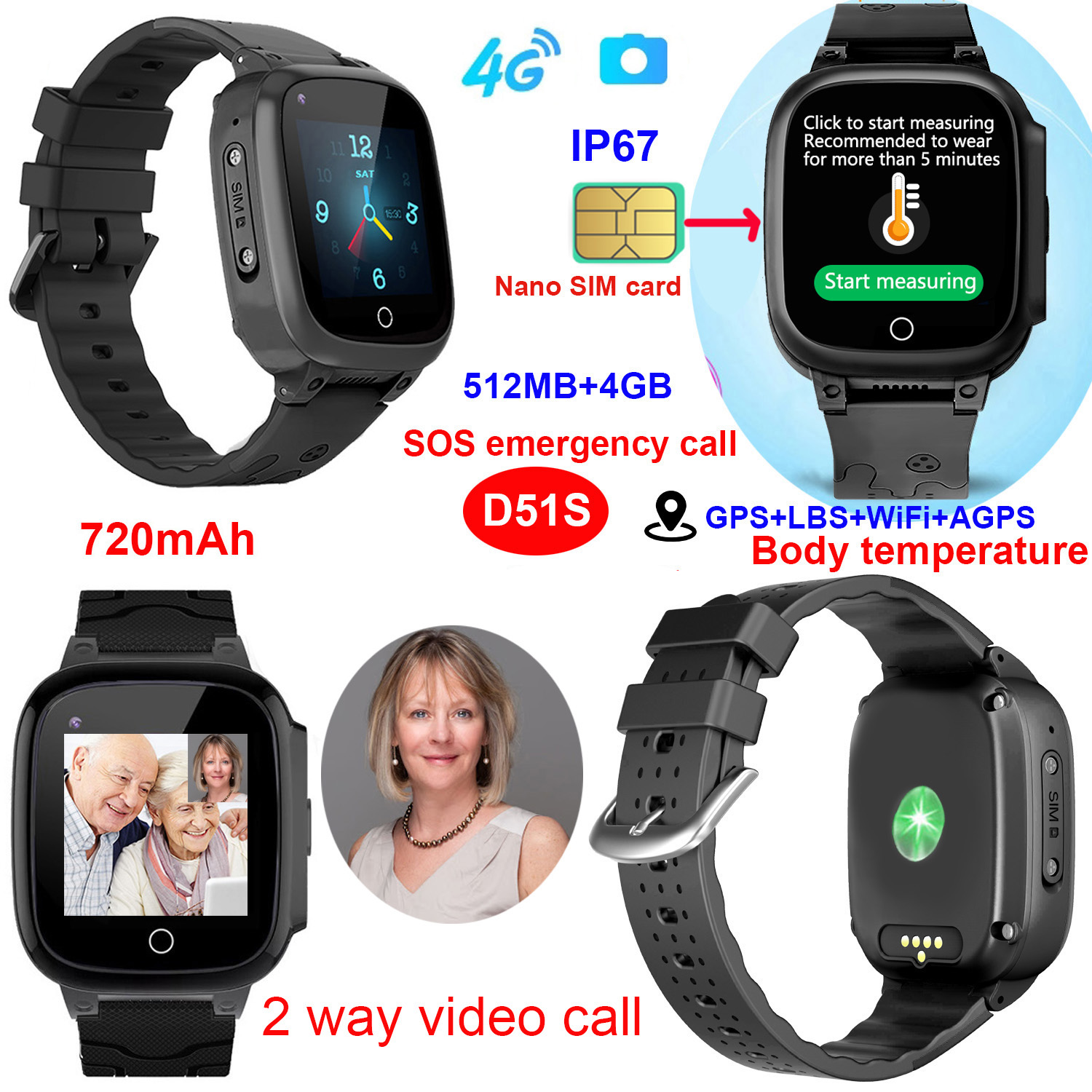 IP67 Waterproof safety 4G GPS Senior Smart Tracker Watch with Thermometer D51S